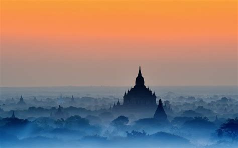 nature, Landscape, Bagan, Sunrise, Temple, Mist, Blue, Trees, Amber, Sky, Buddhism, Myanmar ...