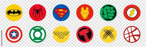 Superhero logo set: Batman, Spiderman, Superman, Iron Man and others. DC characters. Vector ...