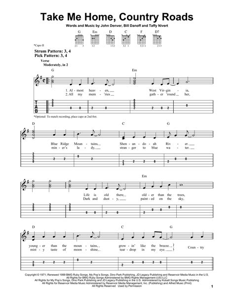 Take Me Home, Country Roads by John Denver Sheet Music for Easy Guitar ...