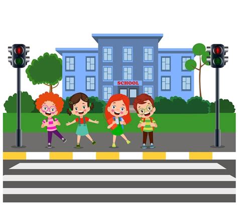 Premium Vector | Cute school kids with backpacks waiting for stop sign at pedestrian traffic ...
