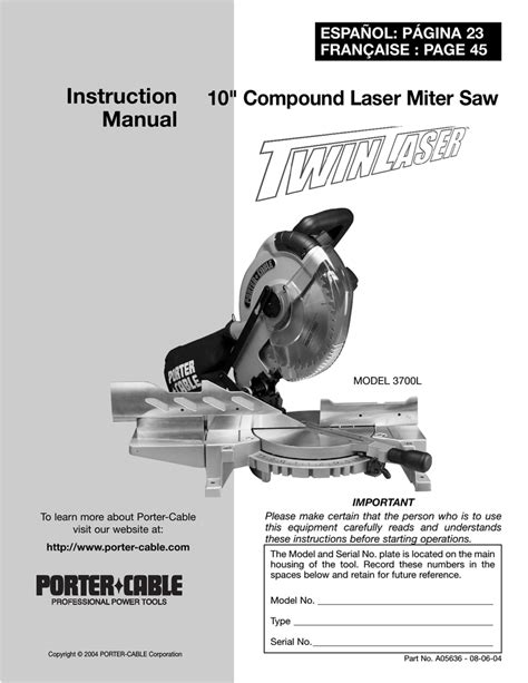 Porter-Cable 3700L Saw User Manual | Manualzz