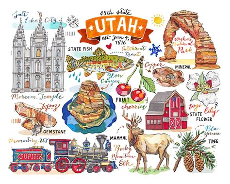 Utah Print. Illustration. Beehive State. Map. State symbols. | Etsy