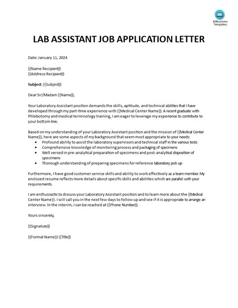 Lab Assistant Job Application Letter | Templates at allbusinesstemplates.com