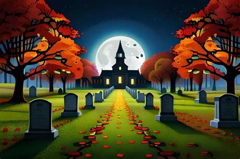 Premium Photo | A dark graveyard at night with a full moon in the background.