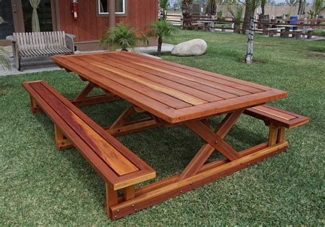 Chris's Picnic Table with Attached Benches | Foreverredwood.com | Picnic table, Farmhouse picnic ...