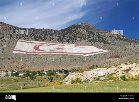 The Turkish Republic of Northern Cyprus flag on the hillside above Taskent, North Cyprus Stock ...