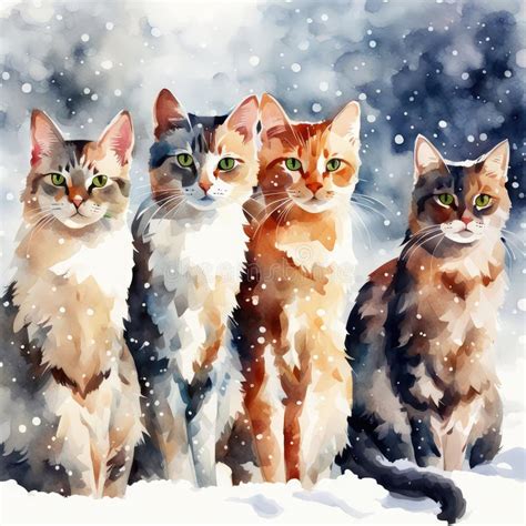 Watercolor Cats in Snowflakes Stock Illustration - Illustration of white, gray: 301225030