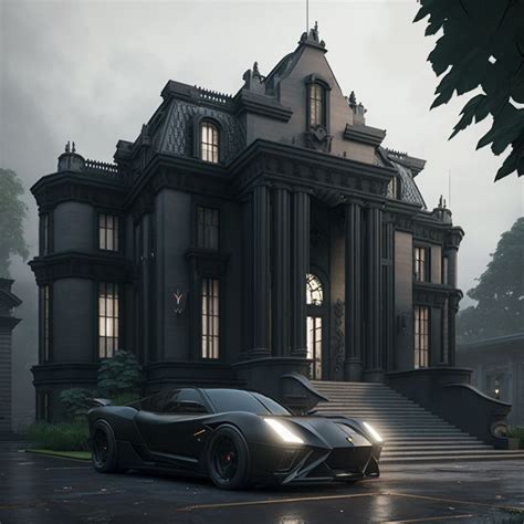 a black sports car parked in front of a large house