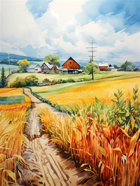 A Watercolor Painting of a Farmland Scene, a Painting of a Farm Stock ...