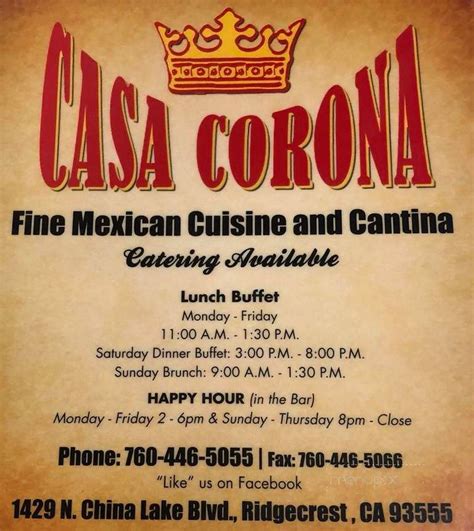 Menu of Casa Corona in Ridgecrest, CA 93555