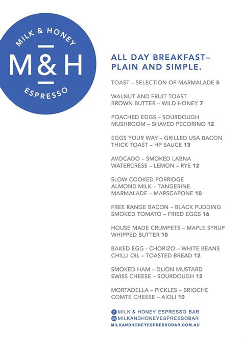 Menu at Milk & Honey Espresso cafe, Toowoomba City