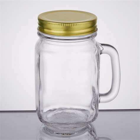 Core 16 oz. Mason Jar / Drinking Jar with Handle and Gold Metal Lid - 12/Case