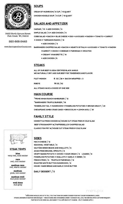 Menu of Barringer's Restaurant in Fish Creek, WI 54212