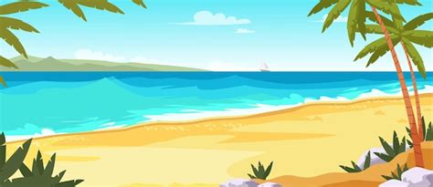 Free Vector | Tropical island illustration with sky coast palm trees and sailing boat in sea