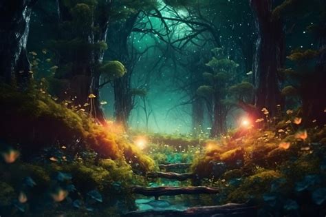 Premium Photo | A painting of a dark forest with fireflies