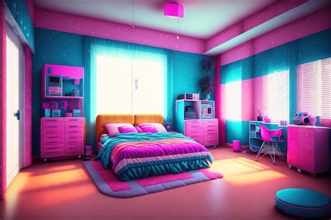 Premium AI Image | A bedroom with pink and blue walls and a bed with a ...