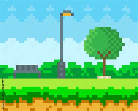 Pixel art game nature landscape with trees, bushes, benches and street lamp, blue sky in city ...