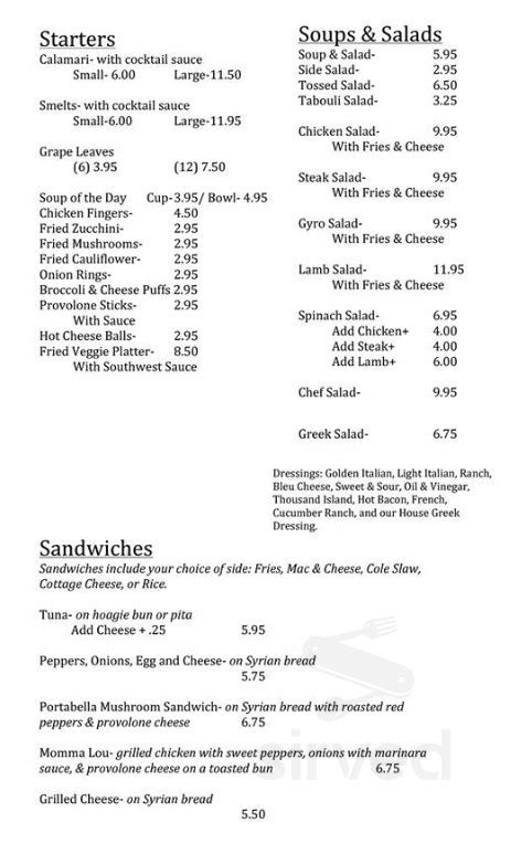 Mister B's menu in New Castle, Pennsylvania, USA