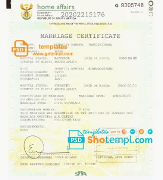 South Africa marriage certificate template in PSD format, fully editable