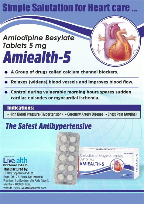 Amlodipine Besylate Tablets USP 10 mg, Livealth, | ID: 20155291533