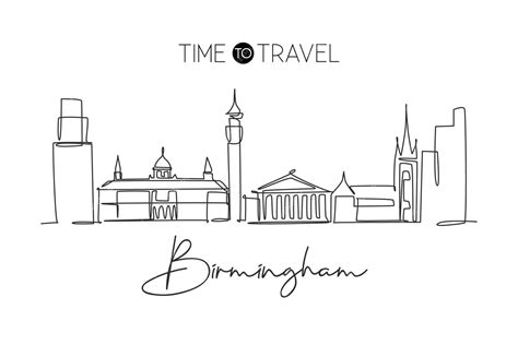 Premium Vector | Single continuous line drawing of birmingham city skyline famous city ...