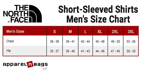 The North Face - Size Chart - ApparelnBags.com