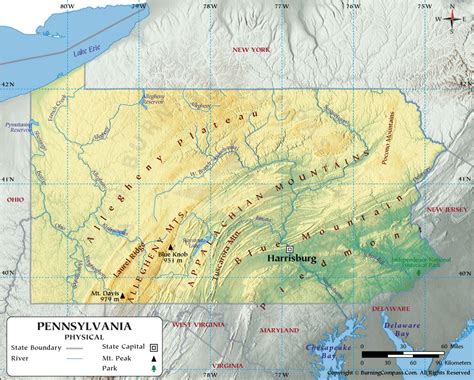 Pennsylvania Physical Map showing Geographical / Physical Features with ...