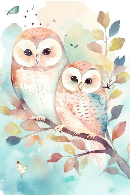 Premium AI Image | A watercolor painting of two owls on a branch