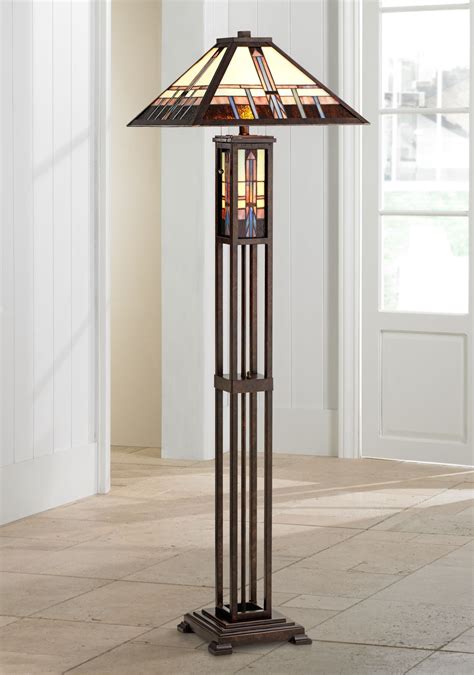 Robert Louis Tiffany Mission Floor Lamp Art Deco with Nightlight Oiled Bronze Stained Glass ...