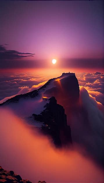 Premium AI Image | A purple sunset over a mountain peak with a mountain in the background.