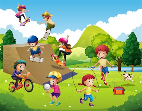 Kids playing different sports in park 447884 Vector Art at Vecteezy