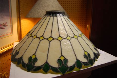 Antique stained glass lamp shade, very heavy. Can be seen at Gillespie ...