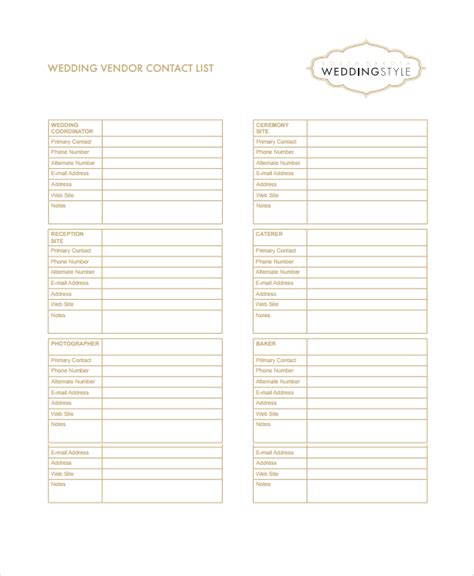 Wedding Vendor List Template Free