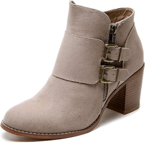 Aukusor Women's Wide Width Ankle Boots, Cozy Comfortable Mid Heel Foldover Buckle Zipper Martin ...