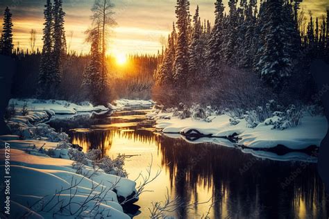 Artwork Spectacular Nature Landscape Background Winter Calm River in ...