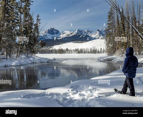 Little Redfish Lake Idaho in winter as seen from snowshoes Stock Photo - Alamy