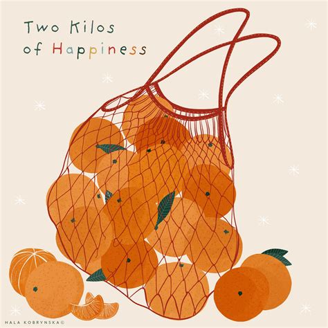Illustration with net bag or mesh bag full of tangerines or clementines. Two kilos of happiness ...