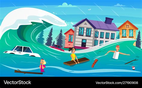 Scary cartoon people water overflow tsunami wave Vector Image