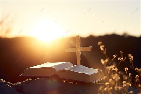 A Small Cross Sits On Top Of A Bible Background, Meditation, Silhouette ...