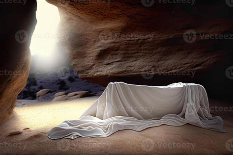 Burial Cloth Linen Shroud of Jesus Laying on Stone within Cave Tomb ...