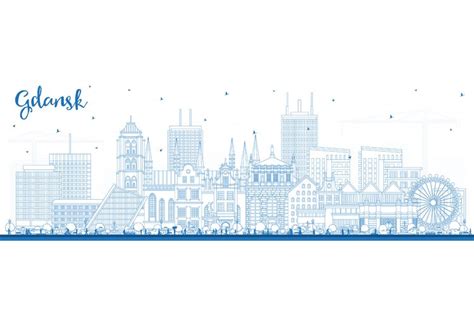 Outline Gdansk Poland city skyline with blue buildings.