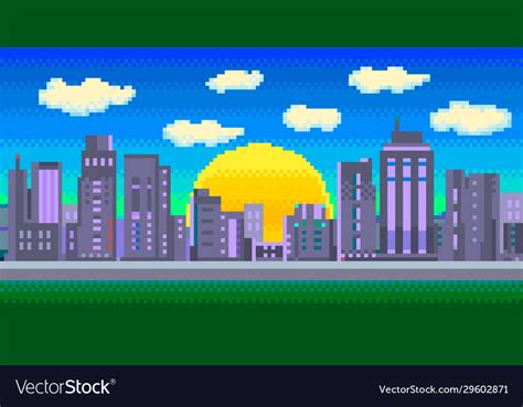 Pixel art modern city with sun panorama Royalty Free Vector