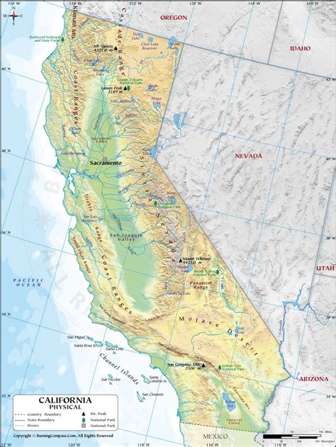 California Physical Map showing Geographical / Physical Features with ...