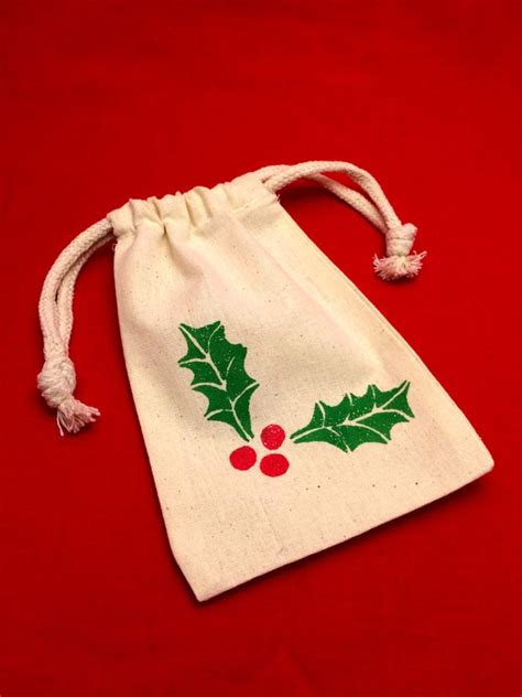 Reusable Holiday Gift Bag/ Holiday Favor Bag: Holiday Drawstring Holly Favor Bags, Holly Gift Bag