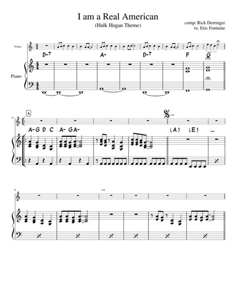 I am a Real American (Hulk Hogan Theme) sheet music for Piano, Voice ...