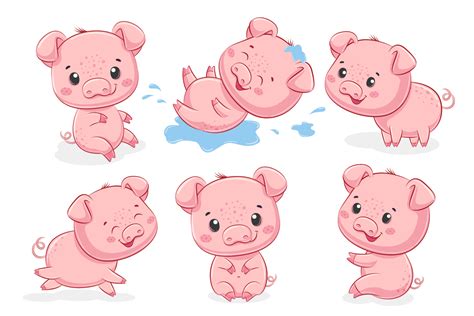 A collection of 6 cute piglets. Vector illustration of a cartoon ...