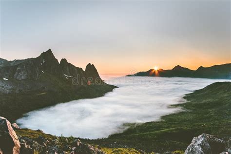 Mountains Sunrise Landscape and Clouds Aerial View in Norway Stock ...