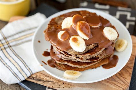 Peanut Butter Banana Pancakes with Salted Chocolate Caramel Syrup