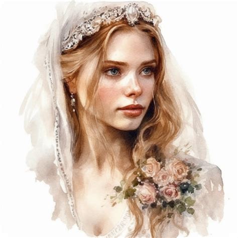 Glamorous and romantic realistic watercolor, the beautiful bride with long braided hair wearing ...