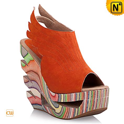 Free Shipping Open Toe Painting Wood Heel Wedges Nubuck Sheep leather ...